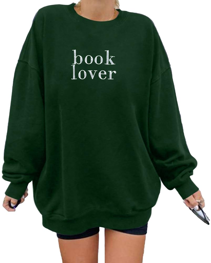 MOUSYABook Lover Embroidered Sweatshirt Women Funny Reading Book Long Sleeve Shirt Casual Teacher Pullover Tops