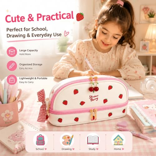 Image of Cute Kawaii Strawberry Pencil Case for Girls - Large Capacity Double Layer PU Leather Pencil Pouch & Stationery Organizer for Aesthetic School Supplies, Travel, Office & Gifts