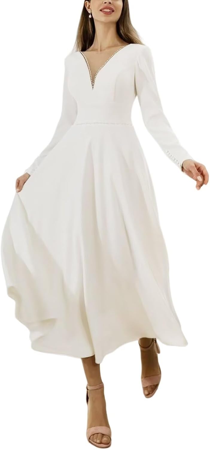 Women's Tea Length Wedding Dresses for Bride Satin Simple A Line Midi Formal Bridal Dress with Sleeves