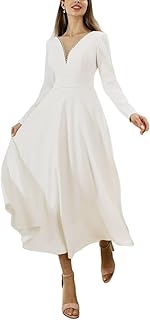 Women's Tea Length Wedding Dresses for Bride Satin Simple A Line Midi Formal Bridal Dress with Sleeves