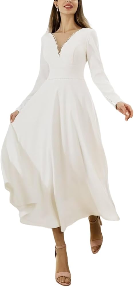 knee length dresses for ladies Square Neck Long Sleeve Mermaid Dress in White Satin | Formal High-Low Midi  Gown for Wedding Guest, Rehearsal Dinner & Special Occasions main image 0