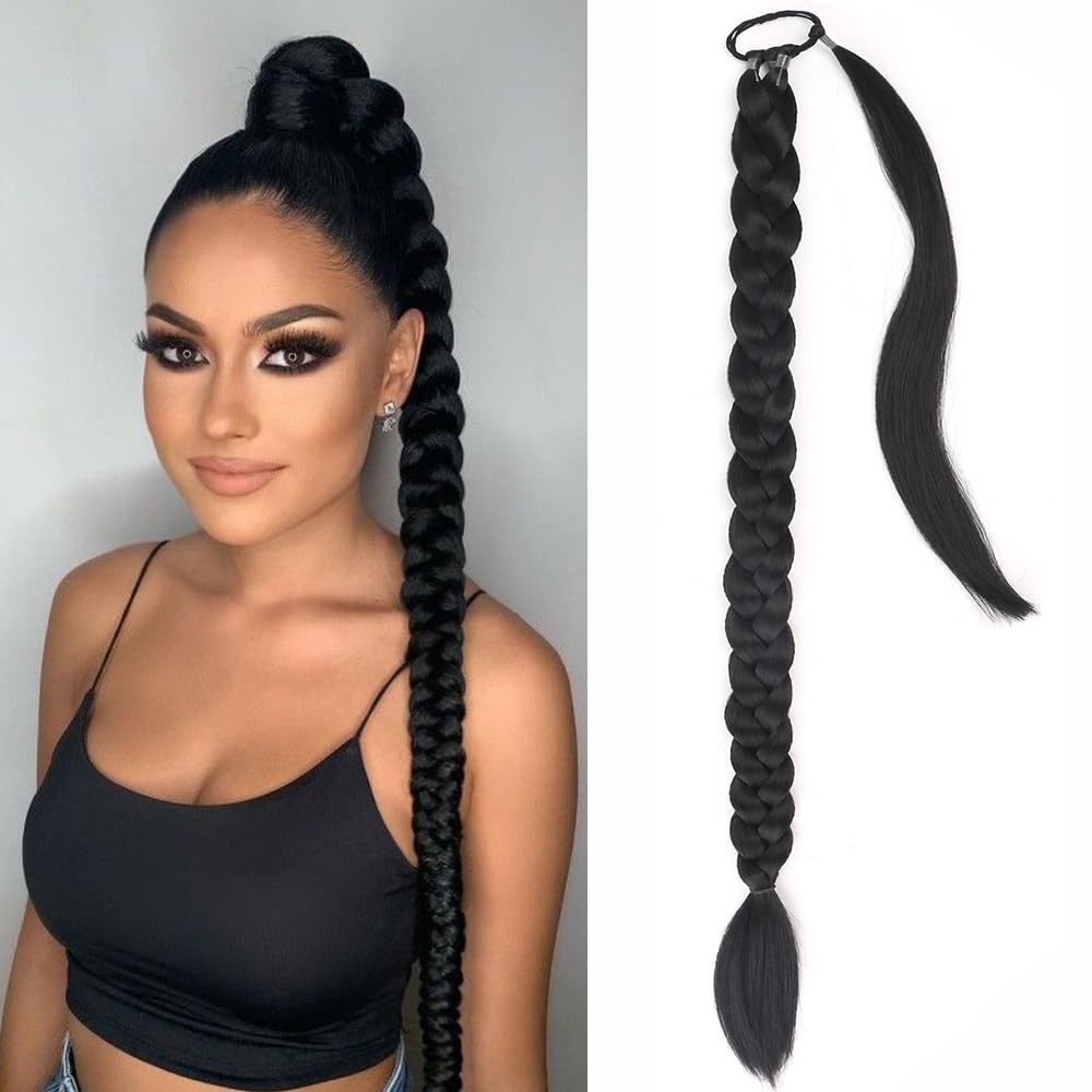 Long Braided Ponytail Extensions for Women, 32 inch Straight Wrap Around Hair Extensions With Hair Tie,Natural Soft DIY Synthetic Hair Ponytail