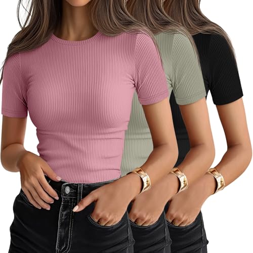 Ficerd 3 Pack Women's Ribbed Short Sleeve T-Shirts,Large,Black, Gray Green, Gray Pink