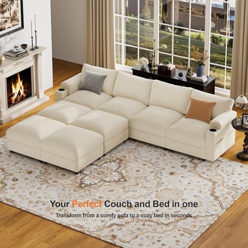 Image of Sectional Couches for Living Room FSC Certified Chenille Modular Couch Oversized Cloud U Shaped Convertible Sleeper Sofa Chaise Detachable Armrest Cushion (Chenille Beige, 8 Seat Sleeper)