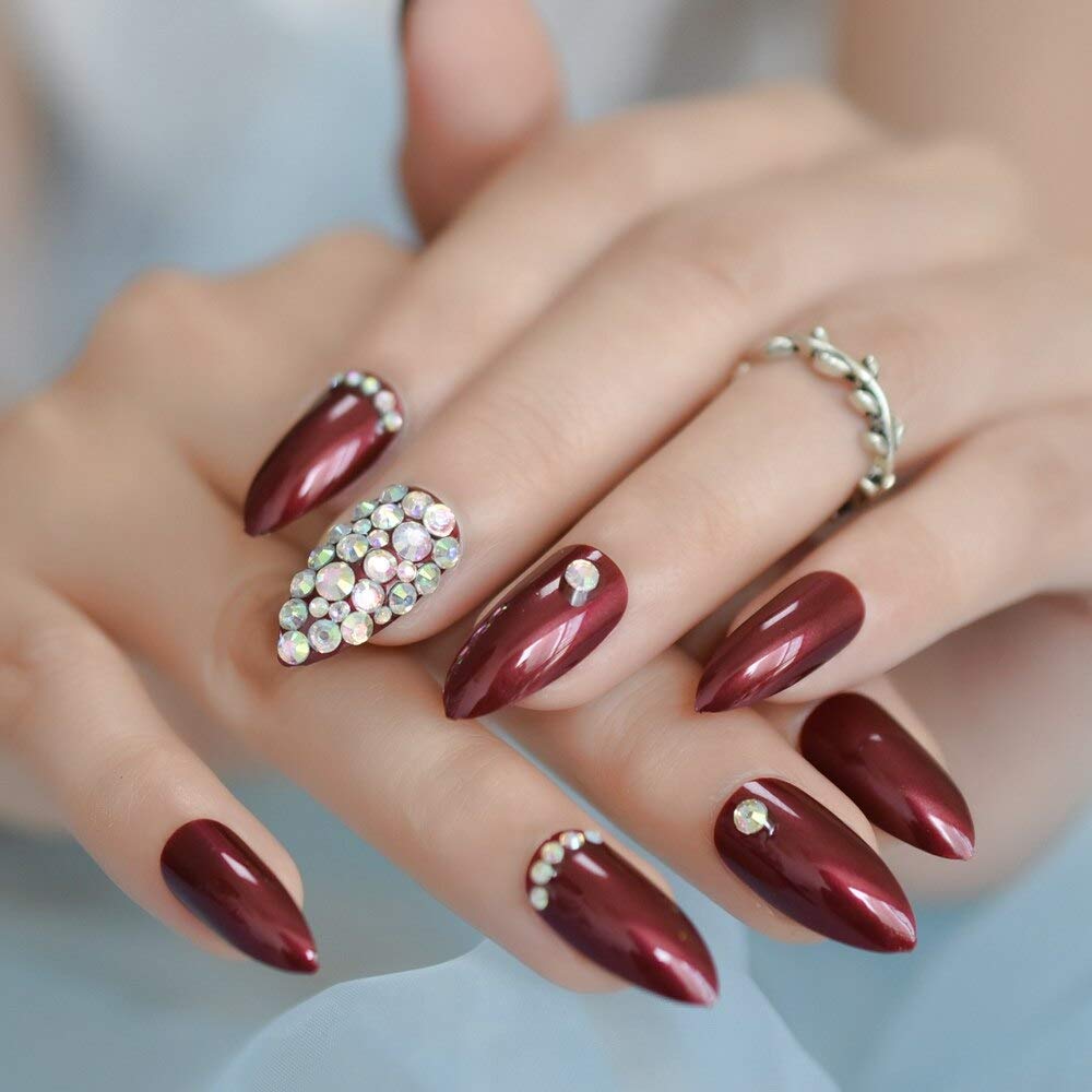 Amazon.com: CoolNail Dark White Red Nail Tips 3D Jewelery French Stiletto  Press on False Nails Glossy UV Gel Fake Fingers nails for Party Salon Home  : Beauty & Personal Care