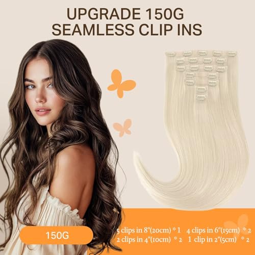 Image of DOORES Human Hair Clip in Extensions, Platinum Blonde 14 Inch 9pcs 130g, Virgin Invisible Edge Weft Silky Straight Hair Extensions for Women