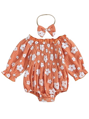 Image of brilliantme Newborn Baby Girl Clothes Infant Cute Floral Romper Long Sleeve Bodysuit Jumpsuit Headband 2Pcs Outfits (C- Orange Floral, 6-12 Months)