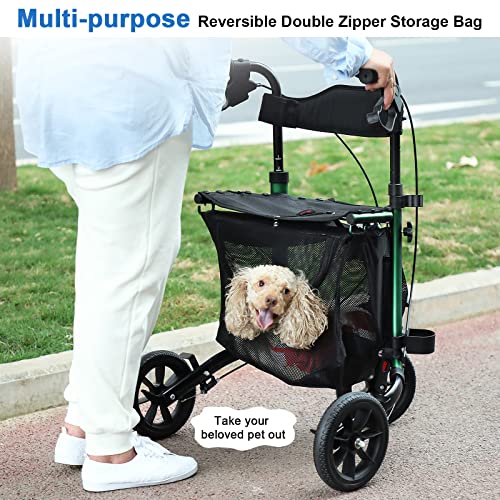 WALK MATE 3 Wheel Rollator Walker with Seat for Slim Seniors, Padded Backrest Lightweight Foldable Travel Walker Ideal for Elderly, 8 Inch Tri-Wheel Modern Mobility Walking Aid Aluminum, Green