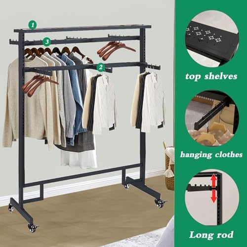 Organisateur de vêtements de garde-robe à roulettes avec double tige réglable 120cm