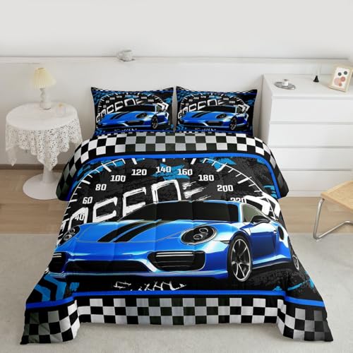 Image of Feelyou Blue Race Car Comforter Set Toddler Size Sports Car Bedding Set for Kids Boys Car Sports Comforter Geometric Checkered Extreme Sports Inner Fill Duvet Set 1 Comforter Set with 1 Pillowcase