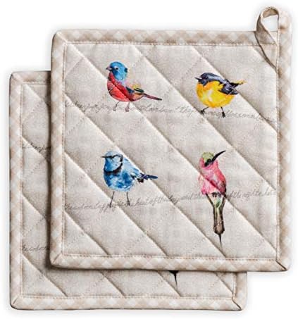 Maison d' Hermine Hot Pads 100% Cotton Pot Holders Set of 2 with Hanging Loop Potholder, Heat Resistant for Gifts, BBQ, Baking, Grilling & Barbeque, Birdies On Wire - Spring/Summer (8"x8")