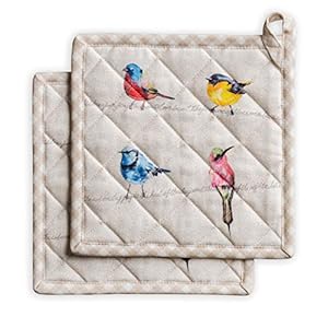 Maison d’ Hermine Hot Pads 100% Cotton Pot Holders Set of 2 with Hanging Loop Potholder, Heat Resistant, BBQ, Baking, Grilling & Barbeque, Birdies On Wire – Spring/Summer (8″x8″)