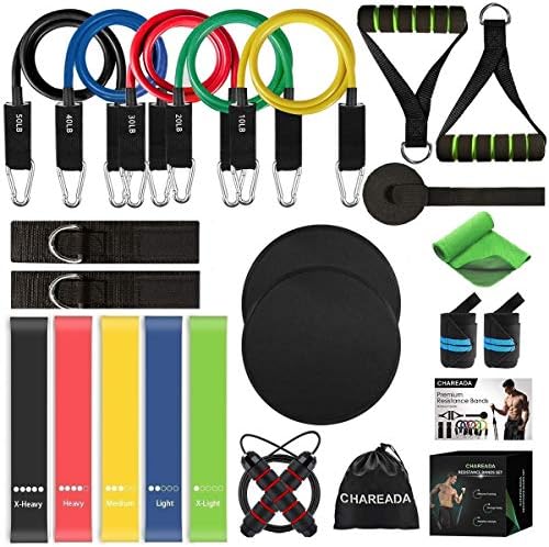23 Pack Resistance Bands Set Workout Bands, 5 Stackable Exercise Bands 5 Loop Resistance Bands 2 Core Sliders – Door Anchor Handles Ankle Straps Carry Bag Instant Cooling Towel Wrist Wraps