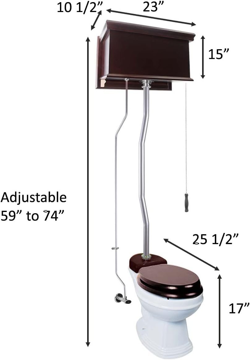 Dark Oak Finish High Tank Pull Chain Toilet Wooden Flat Tank Round Top Entry White Porcelain Bowl And Satin Z Pipes Adjustable Height 59"- 74" With Hardware Renovators Supply Manufacturing