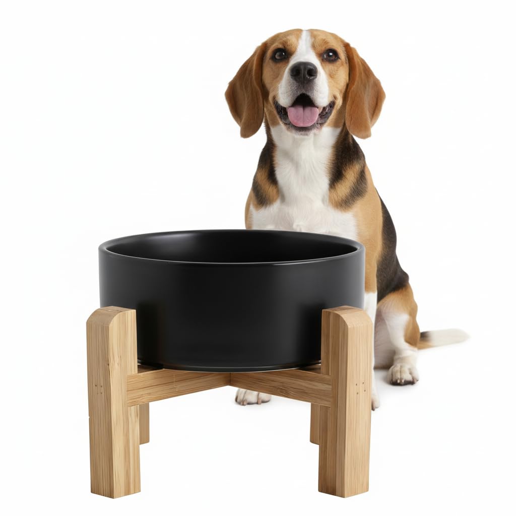 Photo 1 of Elevated/Raised Ceramic Dog Bowl with Bamboo Stand,8 inch 7.6 Cups Non-Slip Heavy-Weighted Single Pet Dish, Reduces Neck Strain Black