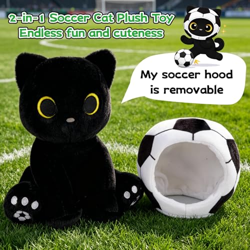 Image of Cat Soccer Plush Toy - 8inch Black Cat Plushies | Soccer Gift for Kids, Boys, Girls, Cute Plushies with Removable Soccer Ball, Huggable Stuffed Kitten