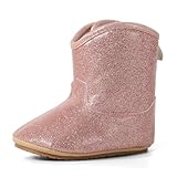ESTAMICO Baby Girls Glitter Boots Easy-on Waterproof Shiny Ankle Booties Non-Slip Soft Rubber Shoes for All Seasons, Rose Gold 18-24 Months Toddler