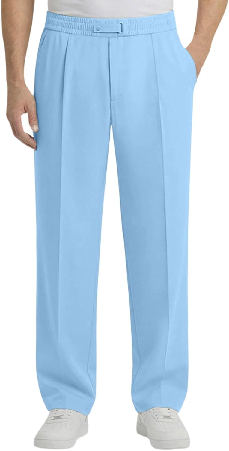 Mens Elastic Waist Pleated Dress Pants Adjustable Buckle Trousers | Soft Wrinkle Resistant,Straight Leg,Side Pockets,Solid Color,for Business Meetings,Wedding Occasions,Weekend Daily Wear