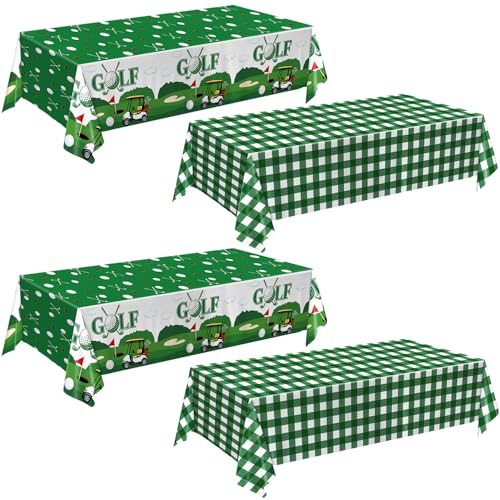 Image of QIYANPAX 4 Pack Golf Party Tablecloths - Green Gingham Tablecloth and Golf-Themed Plastic Table Covers Disposable Tablecloths for Birthday Outdoor Party Decorations, 54 x 108 Inch