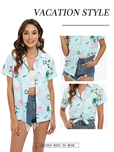 Blueleaf Hawaiian Shirt for Women Short Sleeve Casual Button Down Shirts Summer Outfits Tropical Flamingo Shirts4