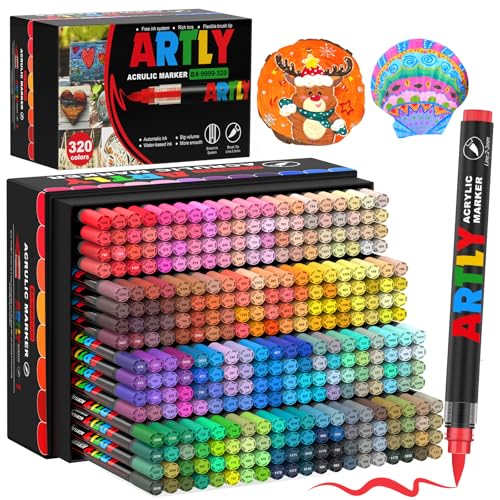 Efimeso 320 Couleurs de Feutre Acrylique Set de Marqueurs, Feutres Coloriage Adulte,Acrylic Marker à base d'eau pour Roche, Tissu,Céramique, Bois, Toile