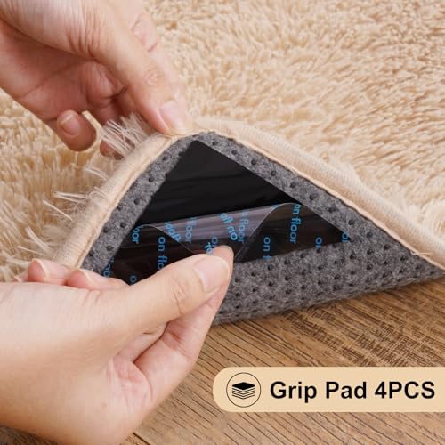 3x5 Rugs for Bedroom, Fluffy Area Rugs for Living Room, Soft Shag Kids Rug Small Carpet with 4 Non-Slip Rug Pads (Light Tan, 3ft x 5ft)
