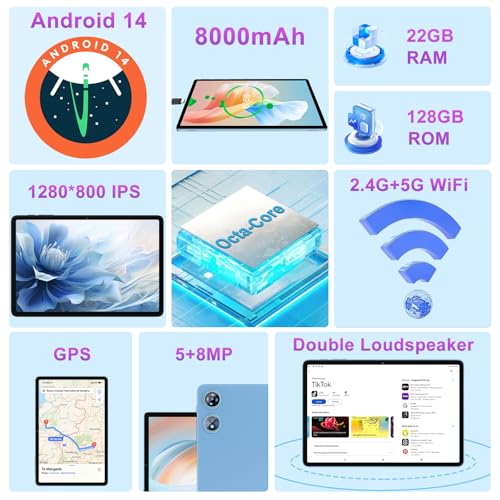 Image of Android Tablet 10 Inch 22GB RAM 128GB ROM 1TB, Android 14 Tablet with Keyboard Mouse, Octa-Core, 8000mAh Battery, HD IPS Display, 5G WiFi, BT 5.0, GPS, Widevine L1, Split Screen - Metal Blue