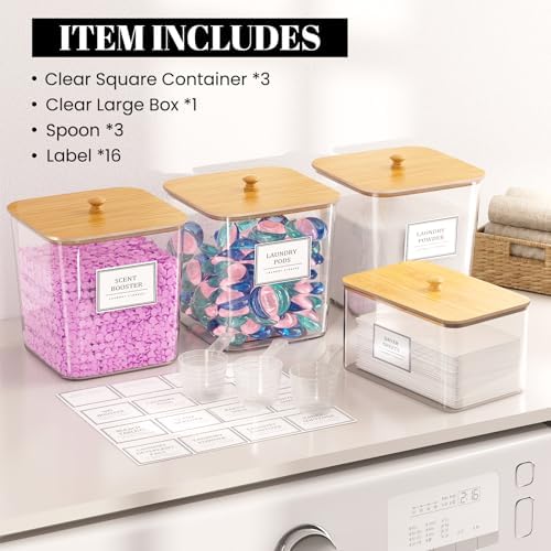 3+1 Pack Laundry Pods Container,Clear Laundry Room Organization Containers,Large Laundry Detergent Powder Storage Containers with Wooden Lids & Labels,Laundry Pods Holder for Scent Booster,Powder,Pods 4
