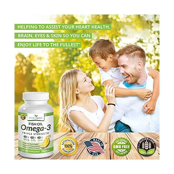 Best Triple Strength Omega 3 Fish Oil Pills 2400mg | 120 Capsules | Burpless High Potency Lemon Flavor | 864mg EPA 576mg DHA Ultra Pure Liquid Softgels | Brain Joints Eyes Hair Heart Health Supplement