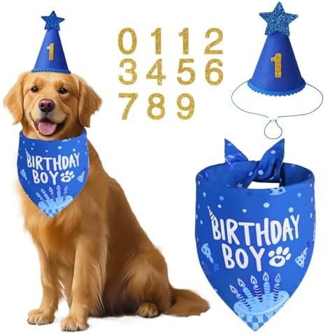 Dog Birthday Party Supplies, Blue Dog Birthday Set with Hat Banda...