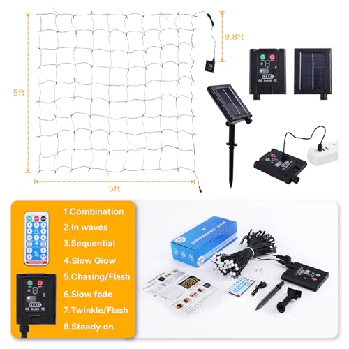 Luzes solares de Natal à prova d'água, 100 LEDs de 1,5 m x 1,5 m, luzes de rede externas com contro