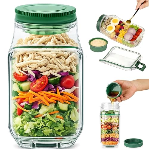 hufhnwso Salad Jar with Side Opening 2-in-1 Leakproof Salad Pod Container with Dressing Pot Portable Lunch Salad Container for Meal Prep Dishwasher Safe & Reusable
