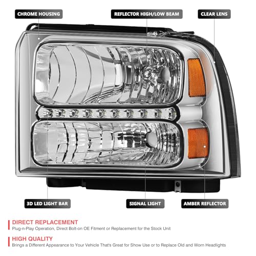 Image of DNA MOTORING LED DRL Headlamps Headlight Assembly Compatible With 05-07 Ford F250-350 F450 F550SD, Chrome /Amber, HL-OH-FSD05-LED-CH-AM