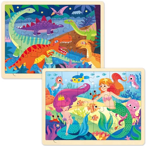MoinKidz Wooden Puzzles for Kids Ages 3-5, 2 Pack 24 Piece Puzzle for 3 Year Old, Little Mermaid and Dinosaur Preschool Toddler Puzzles with Picture Underneath