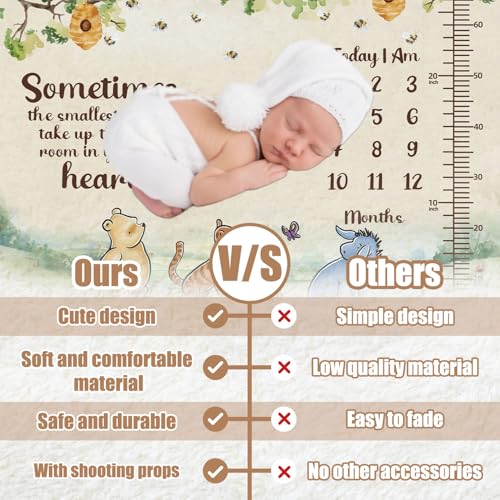 Image of the Pooh Baby Monthly Milestone Blanket, Winnie Monthly Blanket Growth Chart, Winnie Quotes Decor with Double-Sided Printed Cardstock(16 Unforgettable Moments of Babies) 30 * 40in