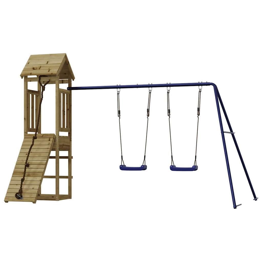 Torre de juego de madera de pino impregnada con estructura de escalada, columpio doble, arenero y pedestal para jardín, juguetes al aire libre, diversión en el patio de recreo y desarrollo