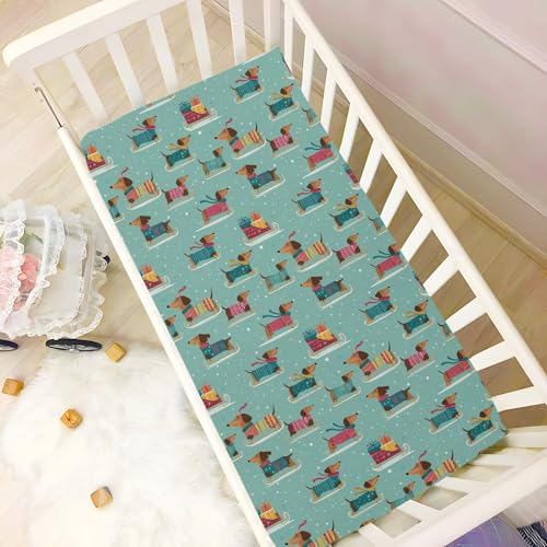 Image of Baby Crib Sheet Christmas Dachshunds Crib Mattress for Boys and Girls Playard Sheet Soft Breathable Fitted Baby Mattress Cover 52x28in