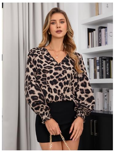SweatyRocks Women's Leopard Print V Neck Long Lantern Sleeve Shirred Blouse Shirt Tops4