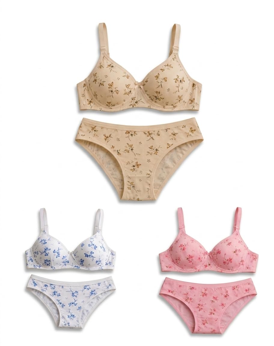 Women's Floral Print Bra and Panty Set, Padded, Matching Lingerie Set in Yellow, White, and Pink Pack of 3 Set-picture-14