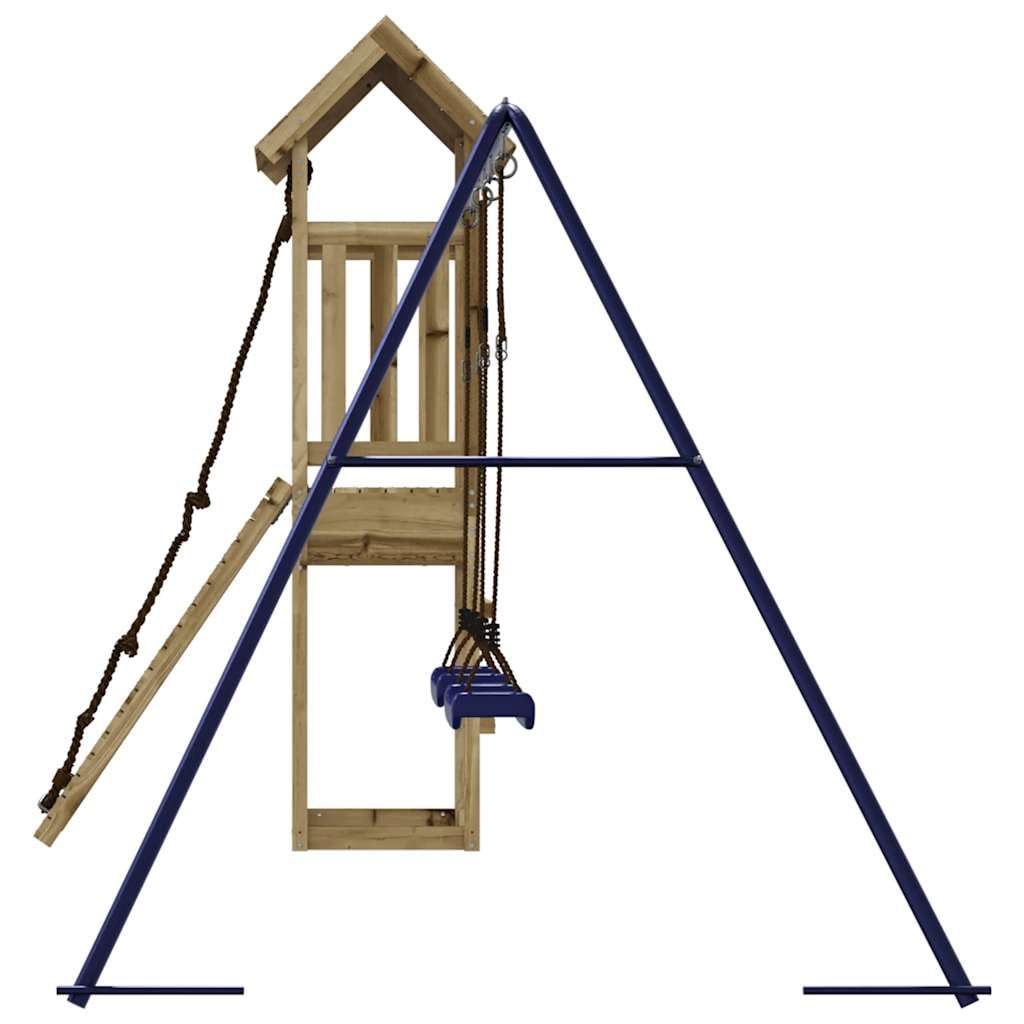 Torre de juego de madera de pino impregnada con estructura de escalada, columpio doble, arenero y pedestal para jardín, juguetes al aire libre, diversión en el patio de recreo y desarrollo