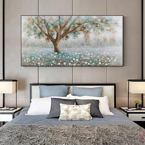 Toile arbre abstrait fleur blanche 70x140 cm encadrée pour salon