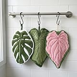 Sisher 3 Pack Leaf Shaped Hanging Kitchen Towels with S Hanging Loop,Cute Coral Fleece Tropical Plant Hand Towel, Absorbent, Quick-Drying, and Lint-Free,for Bath/Kitchen/Living Room(Green+Pink+White)
