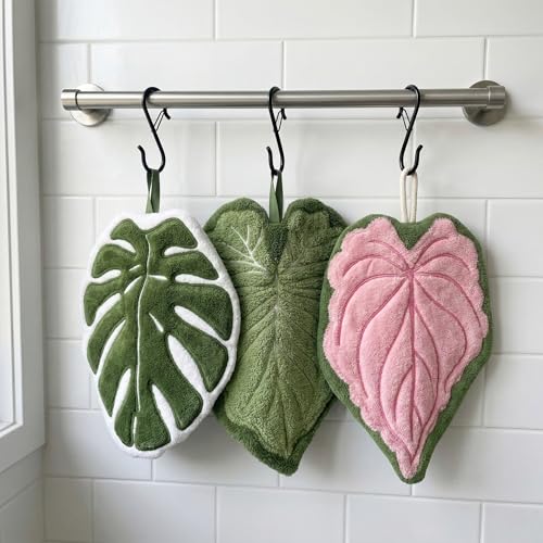 Sisher 3 Pack Leaf Hand Towels Hanging Kitchen Towels with S Hanging Loop Cute Coral Fleece Bathroom Hand Towels Absorbent Quick-Drying and Lint-Free for Bath/Kitchen/Living Room(Green+Pink+White)