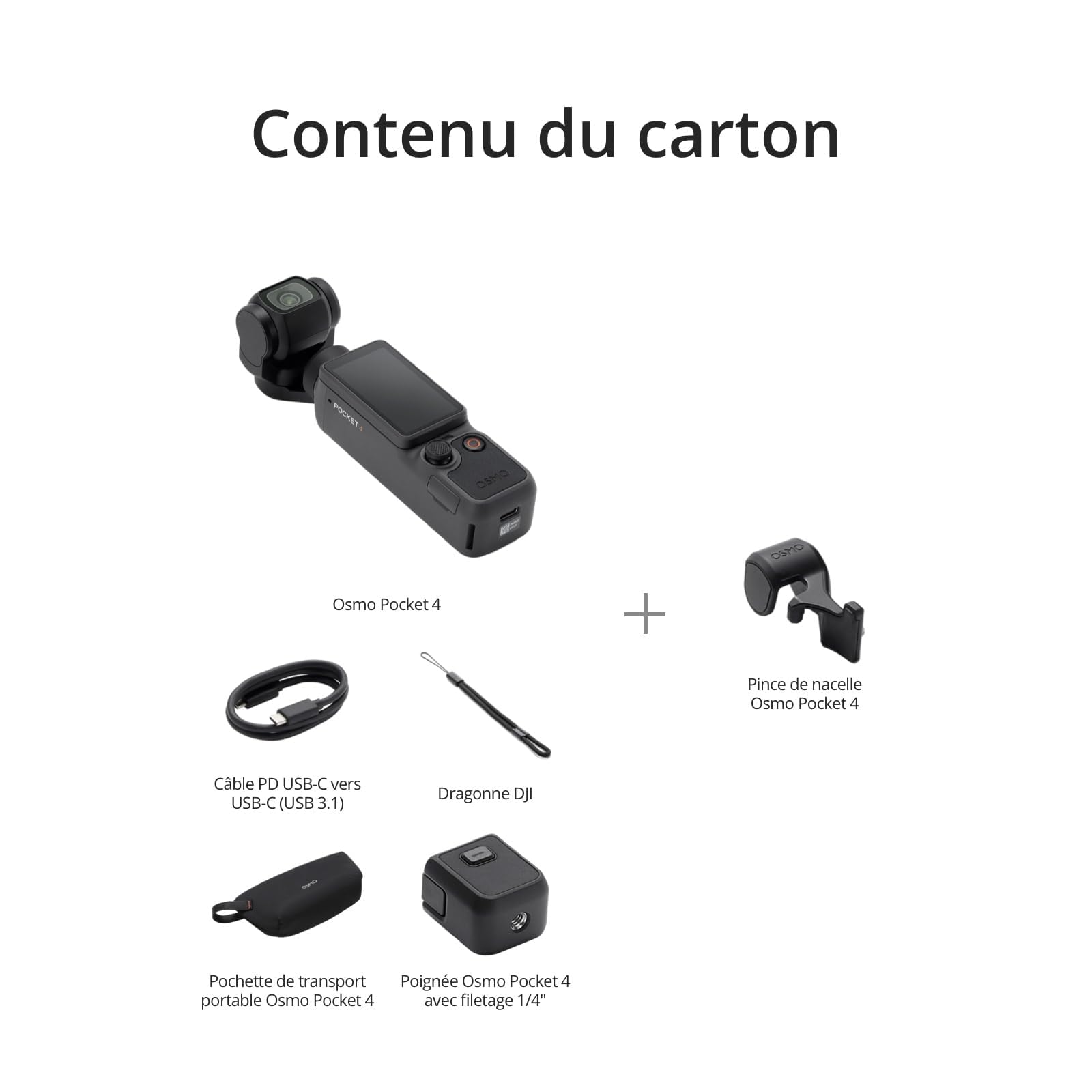 DJI Osmo Pocket 4, caméra vlog avec stabilisateur à cardan de poche, capteur CMOS de 1" et 4K/240fps, stabilisation sur 3 axes, 2x zoom sans perte, plage dynamique de 14 niveaux pour le vlogging, les