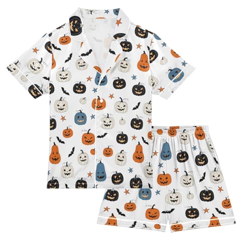 Satin Pajama Sets Short Sleeve Halloween Pumpkins Bats Stars Button Down Silky Nightwear 2 Piece PJS 5-14Y