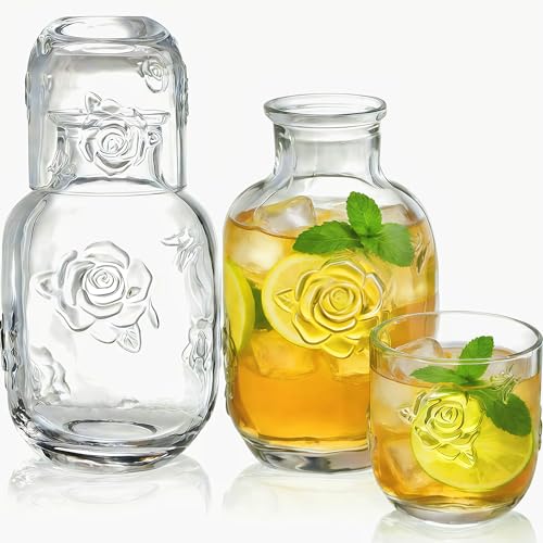 Goaste Nachttisch-Wasserkaraffe und Glas-Set, Vintage-Nachttisch, Glaskrug mit Tasse, dicker Mundspül-Dekanter mit geprägtem Design für Badezimmer, Schlafzimmer, Gästezimmer (473 ml und 142 ml), 2