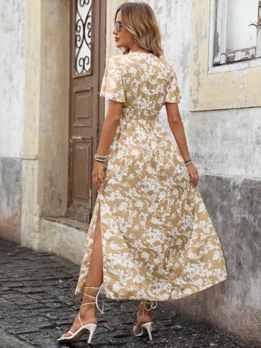 BEMMY Vestido Festa Feminina Longo Moda No Decote V Manga Elegante, Vestido Floral, Vestido Longo de