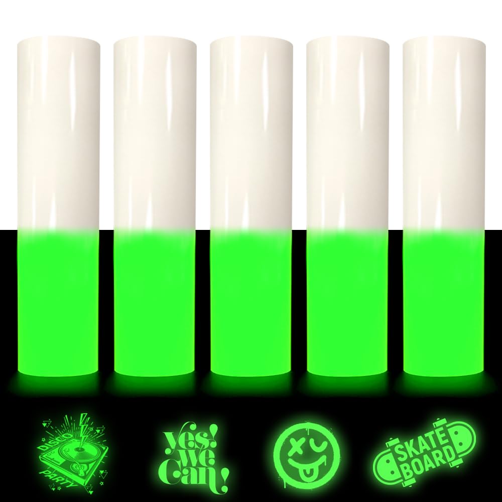 Heat Transfer Vinyl Glow in Dark Iron on Vinyl 5 Pack 12"x 8.3" PU HTV Luminous Fluorescent Color for Shirts(Glow in Dark - White to Green)