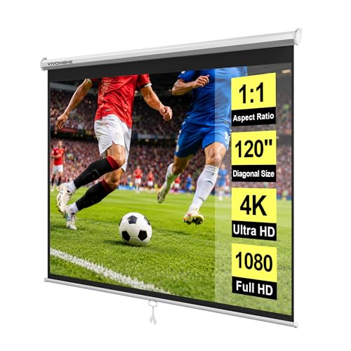 VIVOHOME 120 Inch 1:1 Pull Down Projector Screen, HD 4K Retractable Movie Screen for Indoor Home Theater and Office, Manual Projection Screen with Auto Locking (84Wx84H Inch Display Area)
