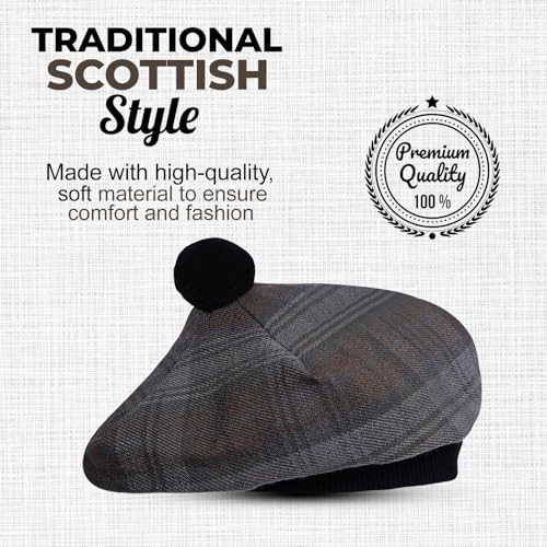 Image of Scottish Tam O' Shanter Hat Tartan Bonnet Pom Pom Wool Flat Cap One Size
